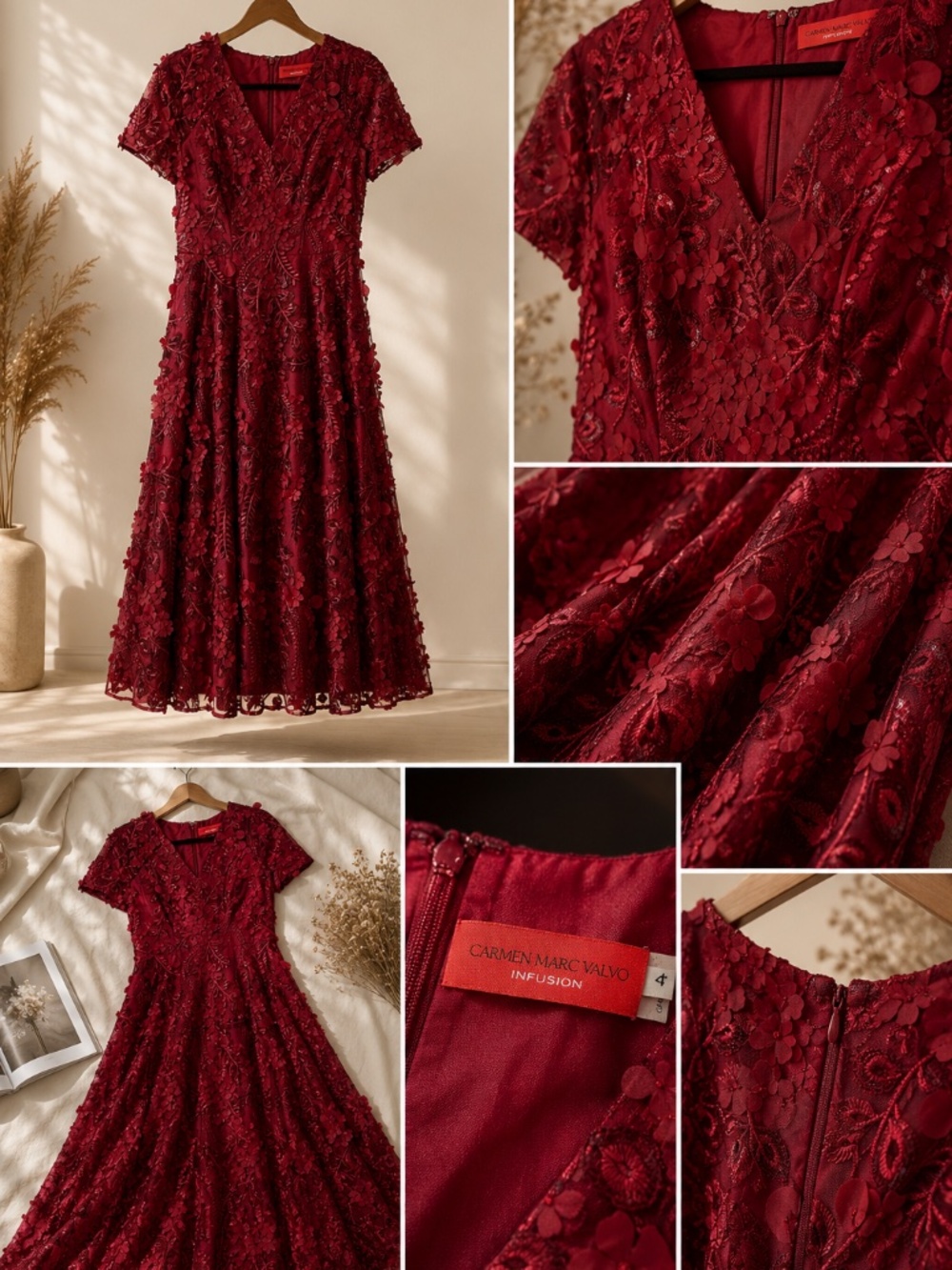 Marc Carmen Valvo Infusion Burgundy Floral Embroidered Dress – Size 4